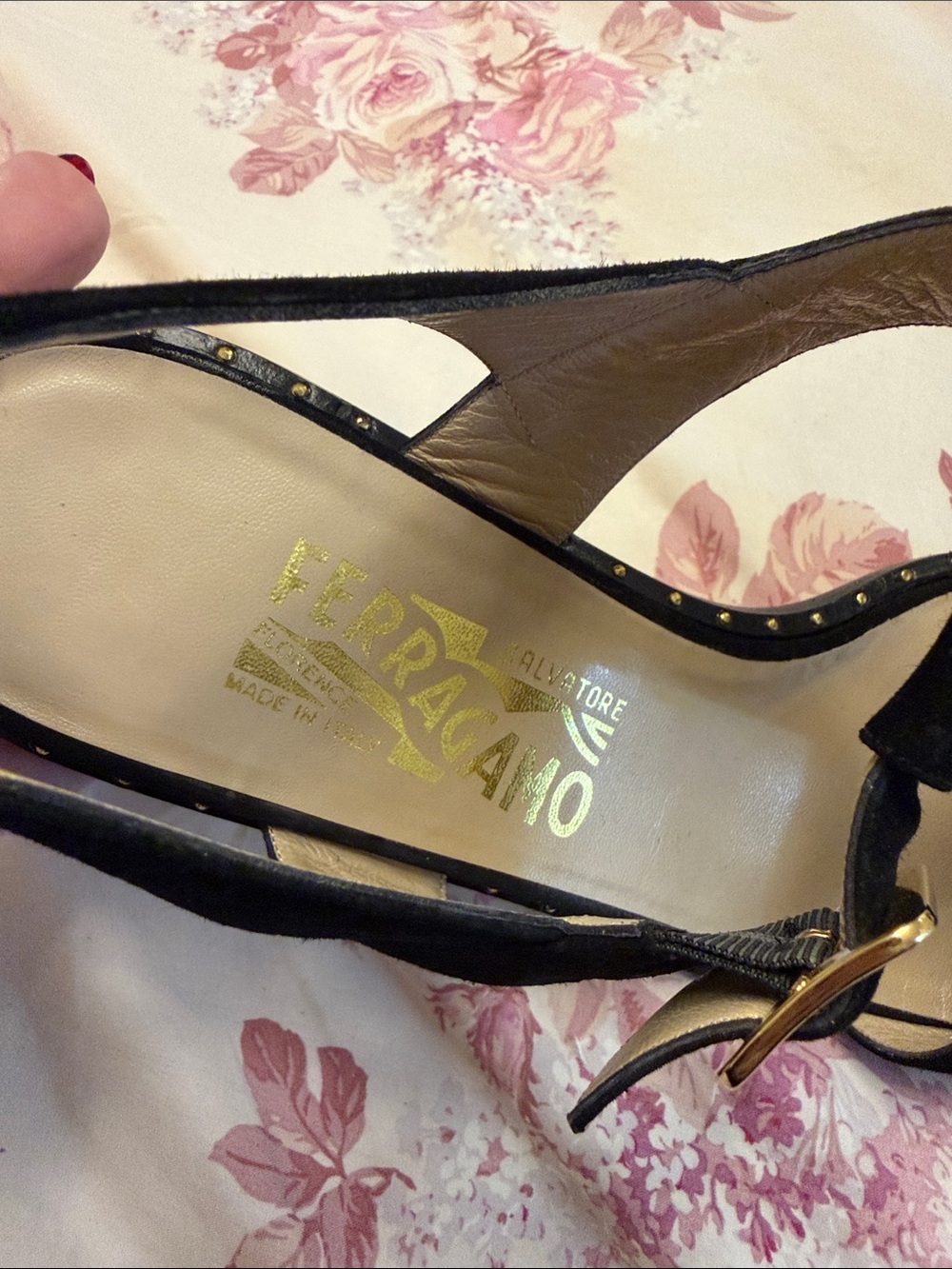 Salvatore Ferragamo Black Suede Stud-Trim Slingback Sandals with Gold Buckles - Picture 2 of 9